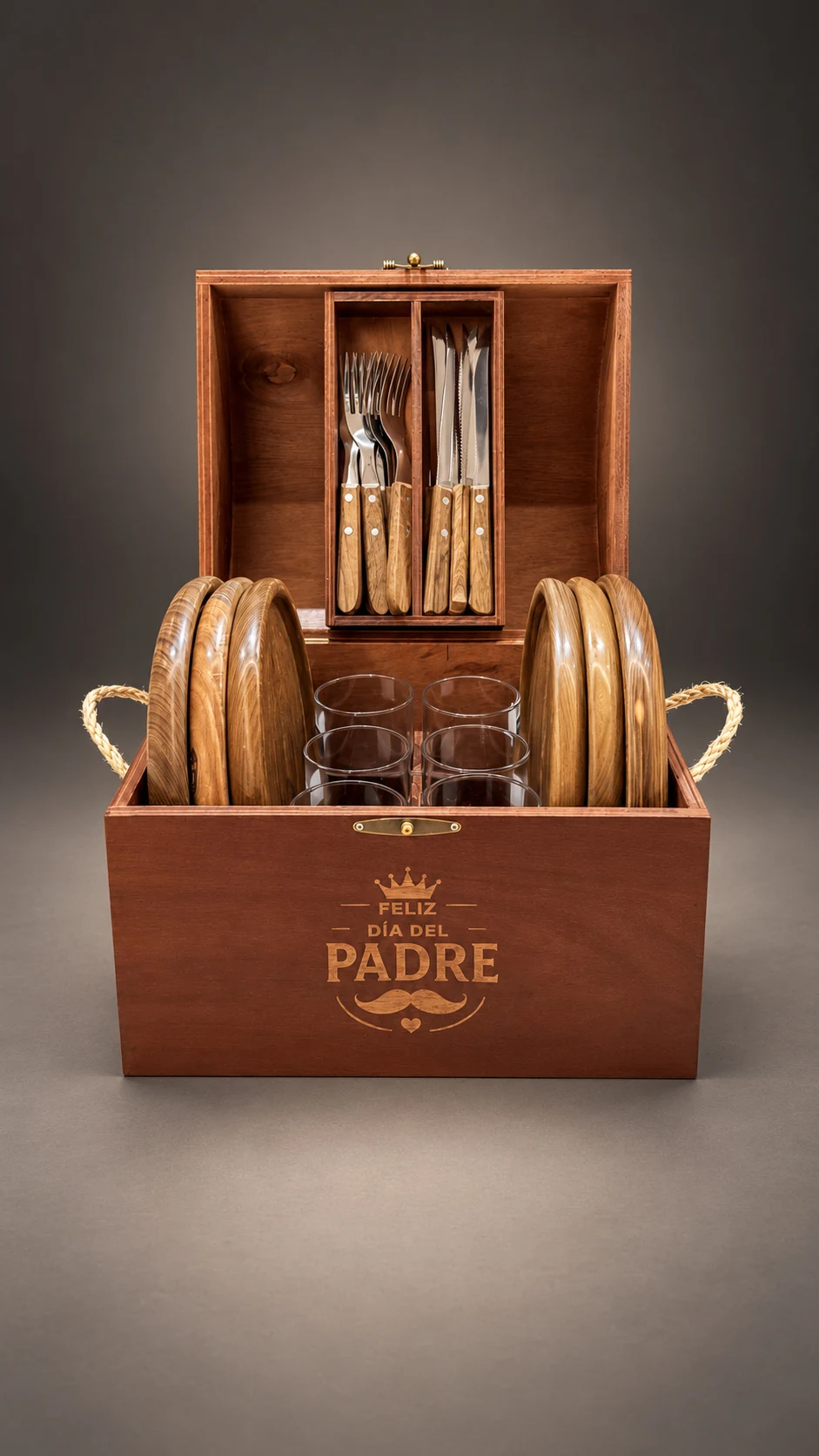 Cofre Legado Parrillero abierto sobre fondo de estudio, con los platos de lapacho, los vasos y la bandeja de cubiertos, y el grabado Feliz Día del Padre al frente