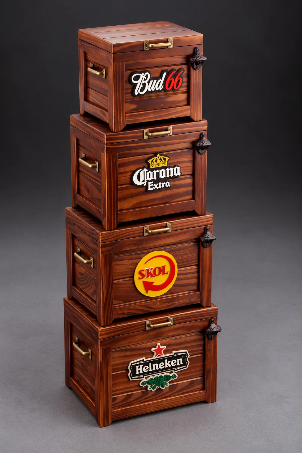 Conservadoras Rústicas apiladas de menor a mayor, con las chapas de Bud 66, Corona, Skol y Heineken