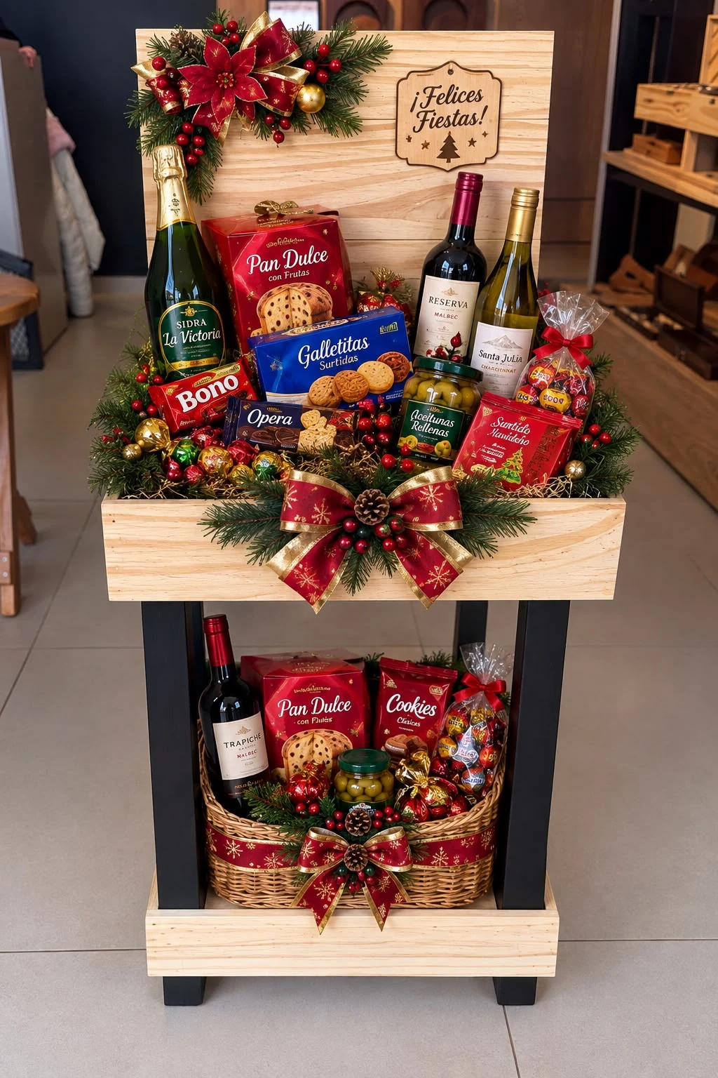 Estación Nexo armada para las fiestas, con la tapa levantada y un cartel de Felices Fiestas, y la caja y la canasta de abajo llenas de regalos